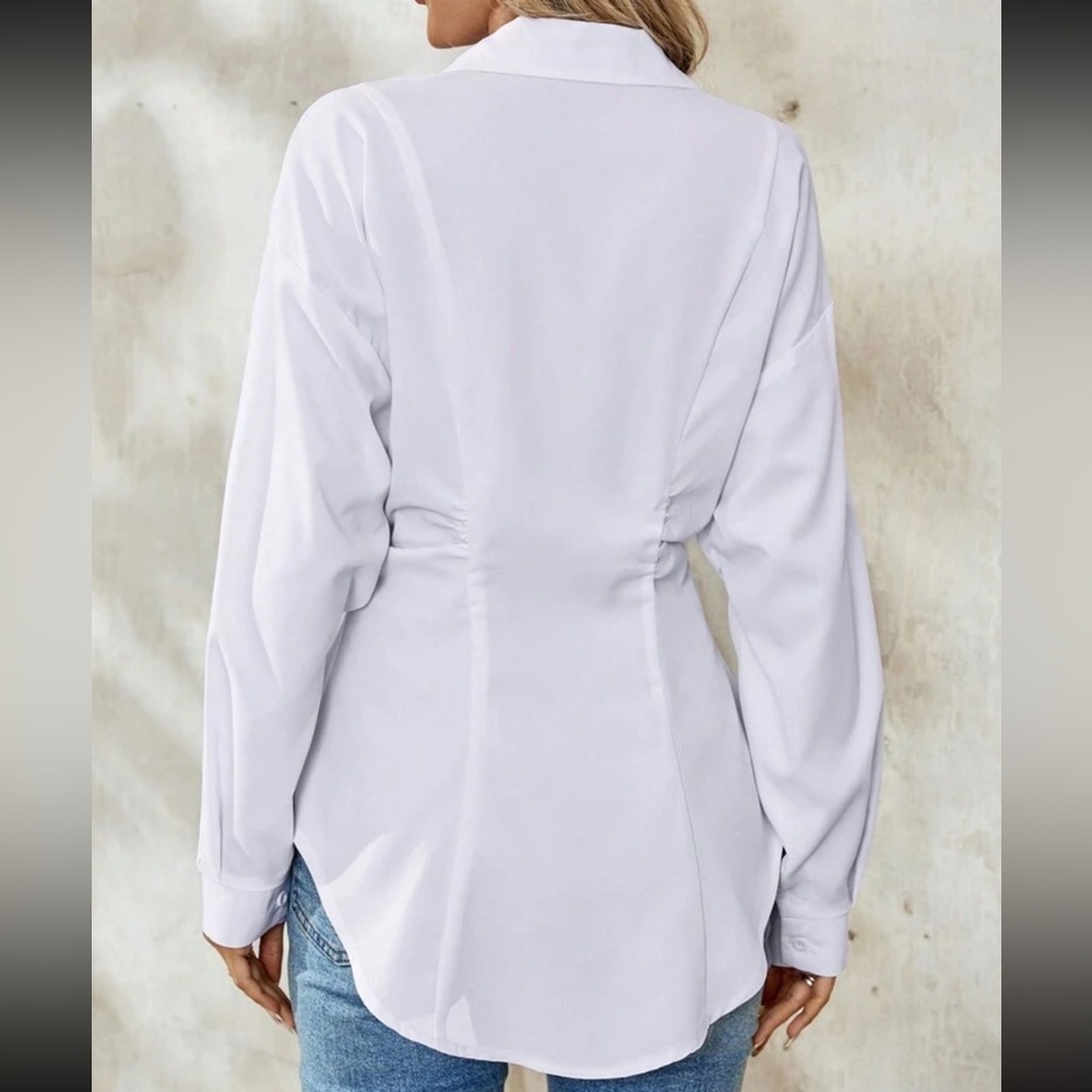 White Elegant Collared Clenched Waist Button Down Top - Picture 2 of 6